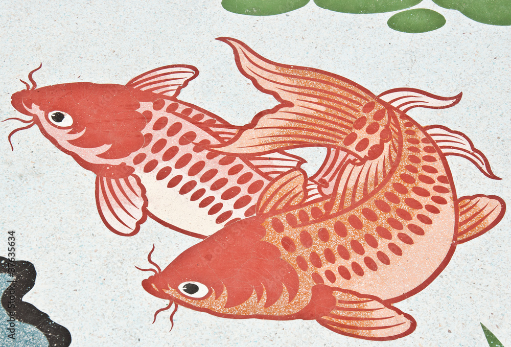 Fototapeta premium fish painting on chinese temple wall