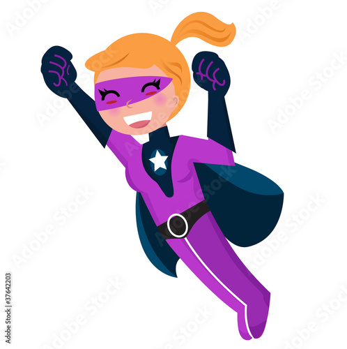 Flying pink cute superhero girl isolated on white