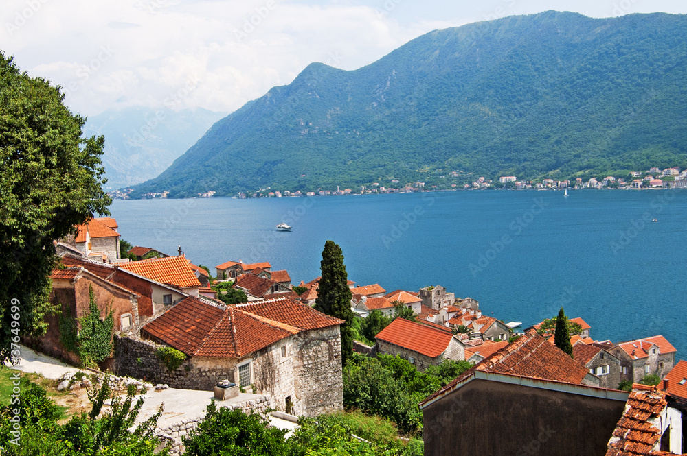 Quiet historic town of Perast with white houses, Montenegro