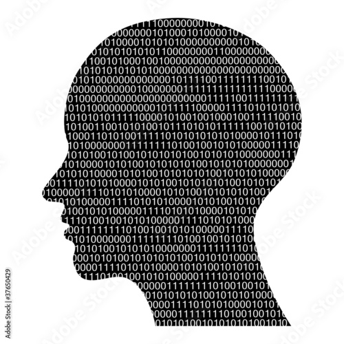 head silhouette with binary code, high tech vector illustration