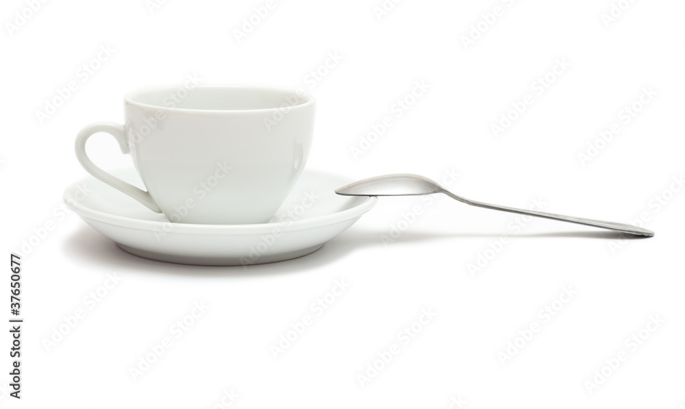 white cup with spoon and saucer isolated on white background white cup with spoon and saucer isolated on white background