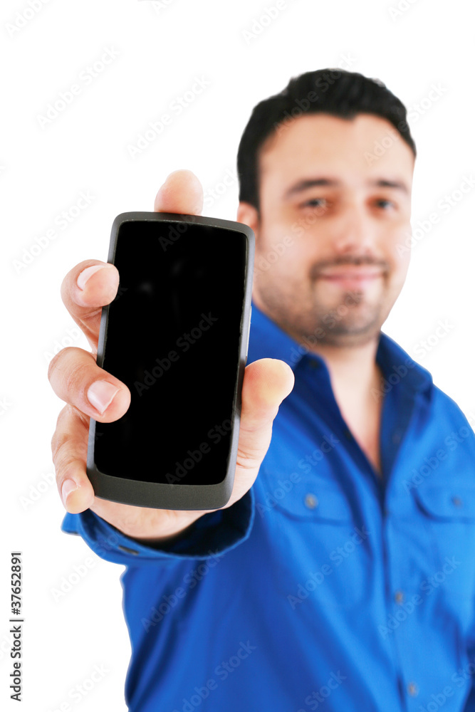 businessman with cellphone, isolated on white, focus on hand businessman with cellphone, isolated on white, focus on hand