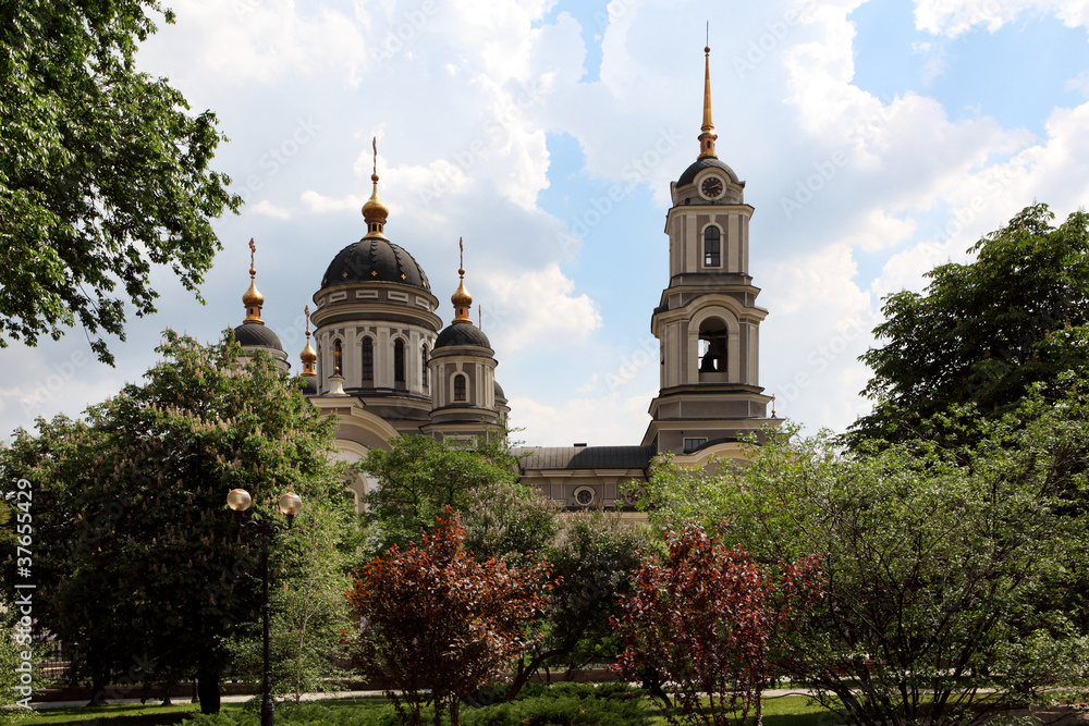 Cathedral in the background moving clouds