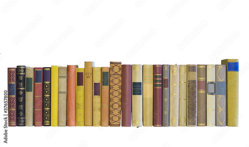 Fototapeta premium books in a row, isolated, blank labels, free copy space