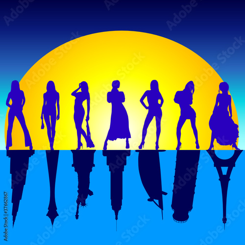 girls and famous buildings vector illustration