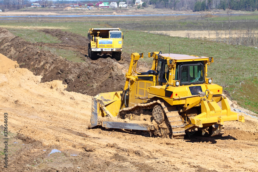 bulldozer and truck work bulldozer and truck work