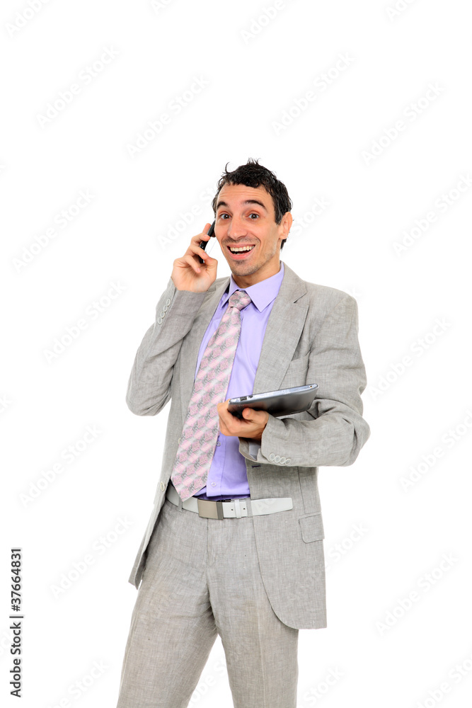young business man standing using a tablet young business man standing using a tablet
