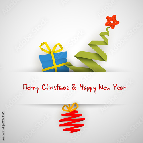 Simple vector christmas card with gift, tree and bauble