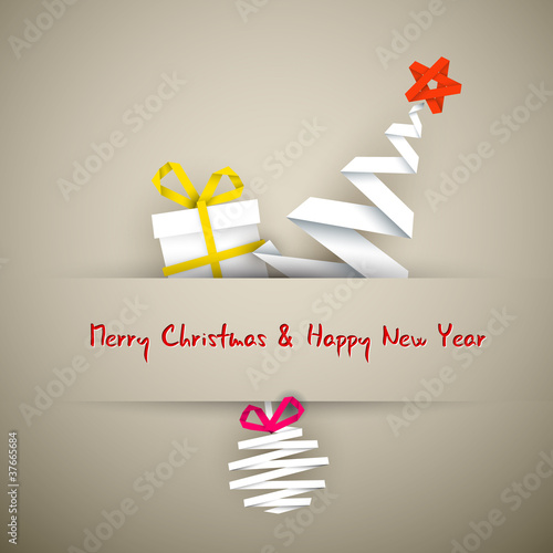 Simple vector christmas card with gift, tree and bauble
