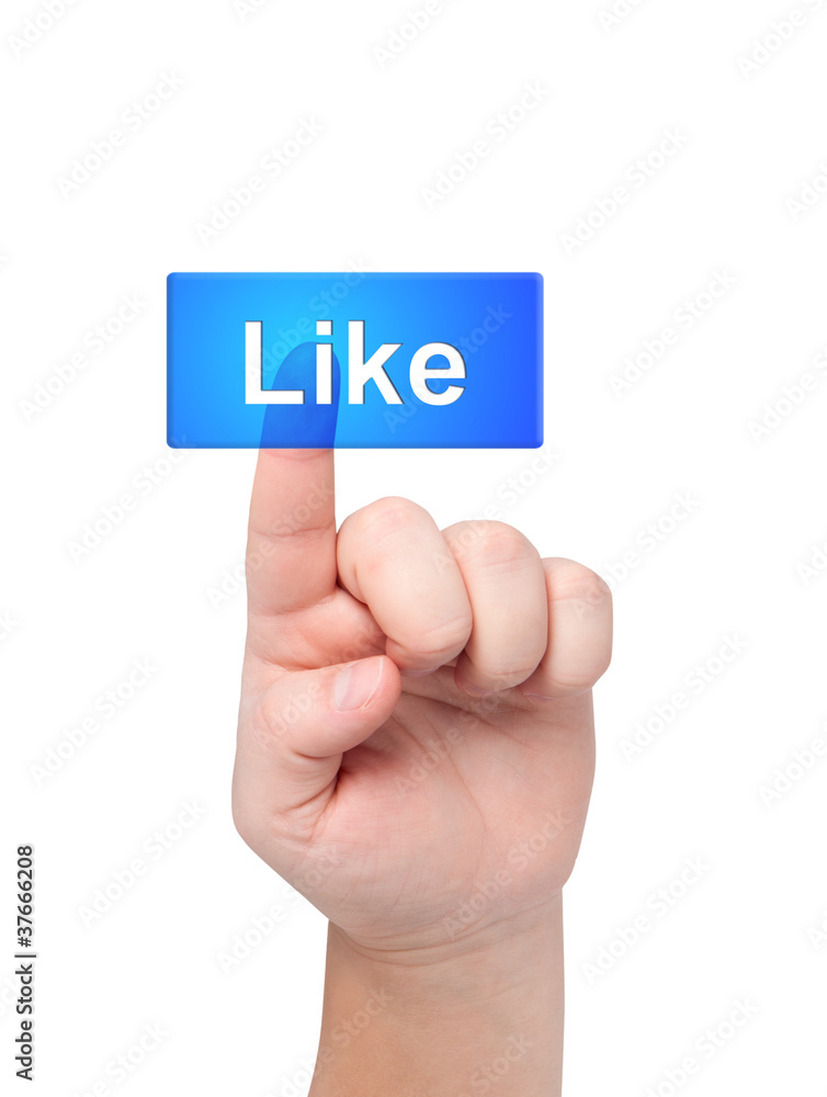 Finger presses on transparent blue button Like. Finger presses on transparent blue button Like.