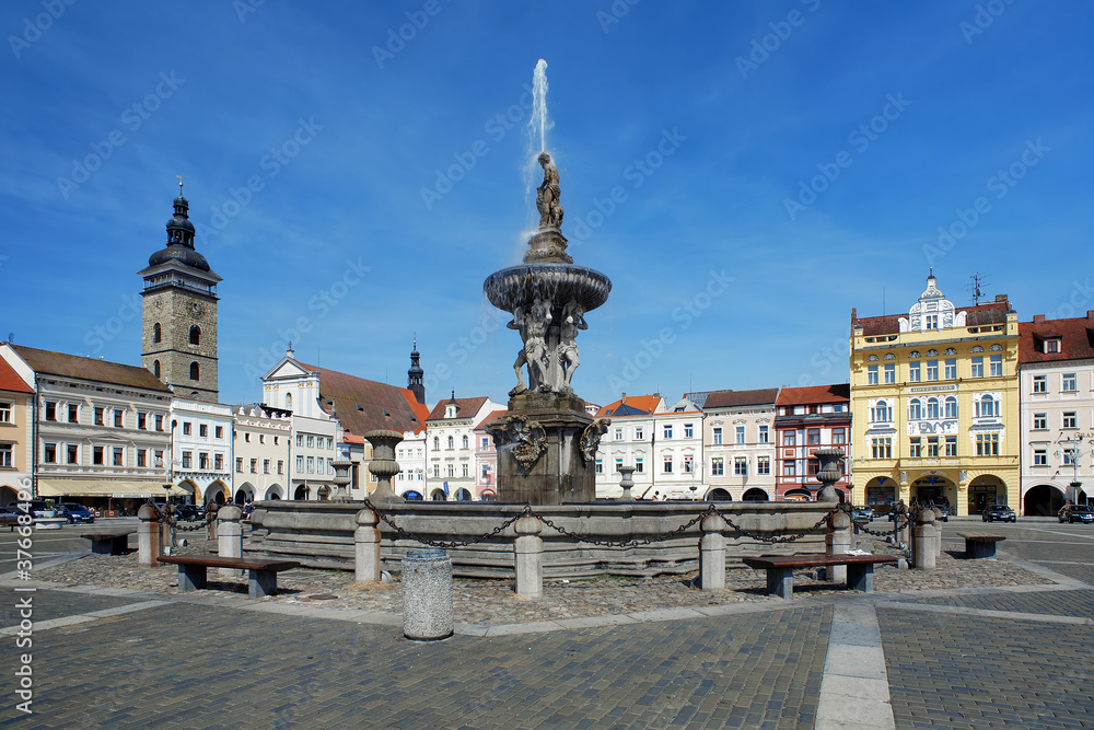 Fountain Samson on the central square of Ceske Budejovice