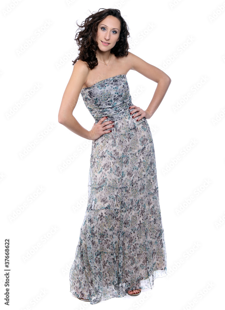 Happy young woman in grey dress
