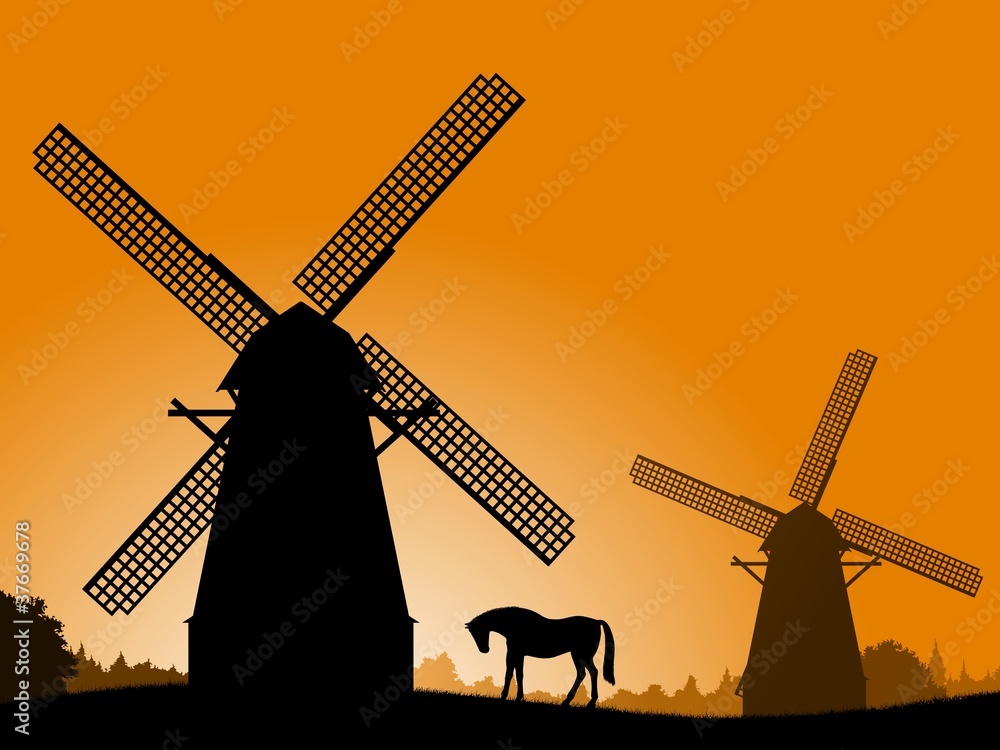 A silhouette of a windmill and a horse.