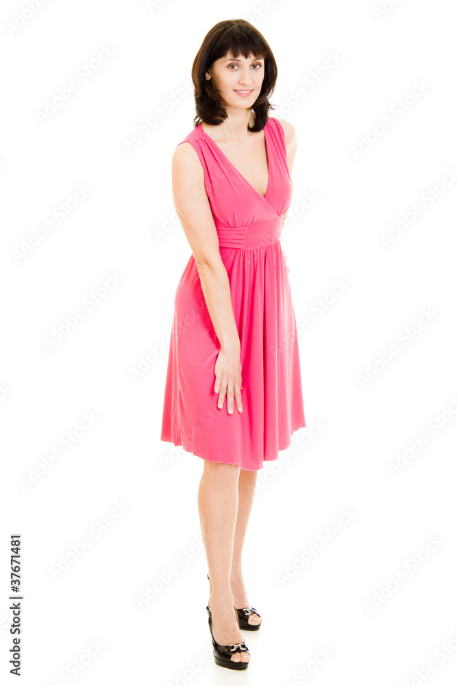 The woman in red dress on a white background.
