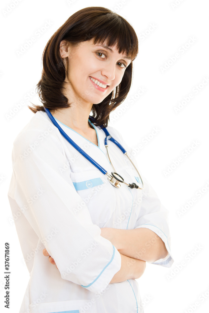 Successful woman doctor with stethoscope on white background. Successful woman doctor with stethoscope on white background.