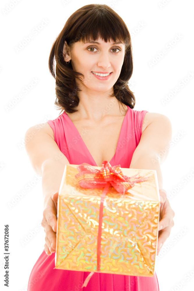 Happy woman with gift on a white background. Happy woman with gift on a white background.