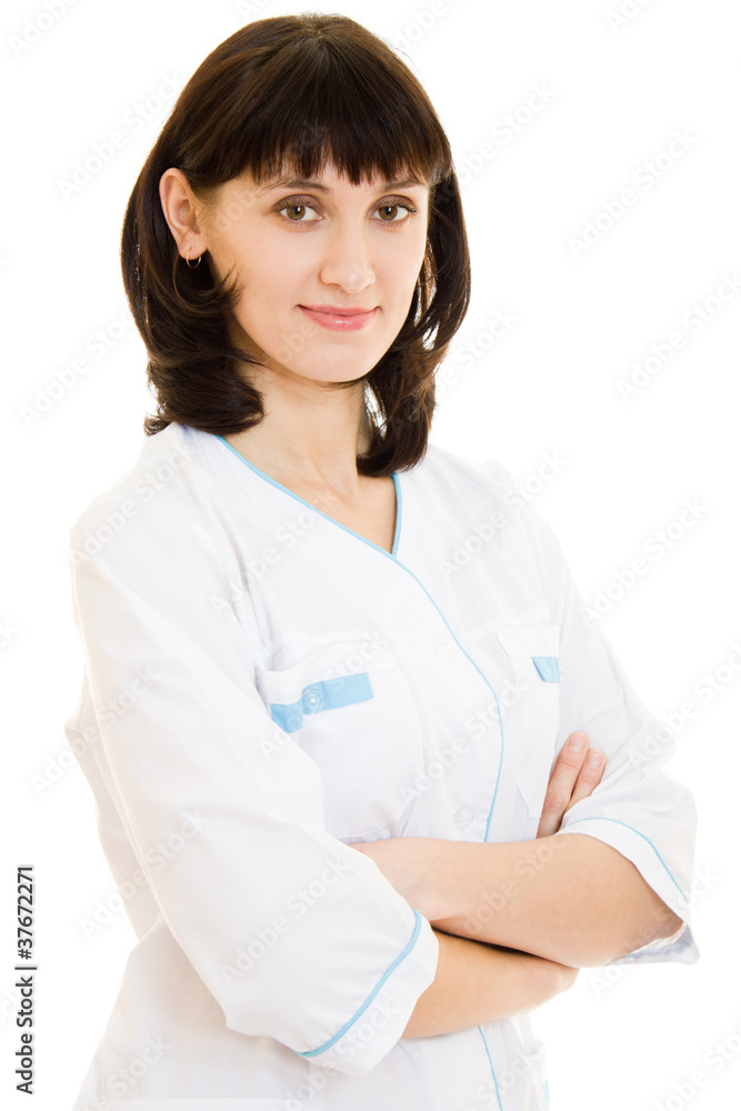 A successful woman doctor on a white background. A successful woman doctor on a white background.