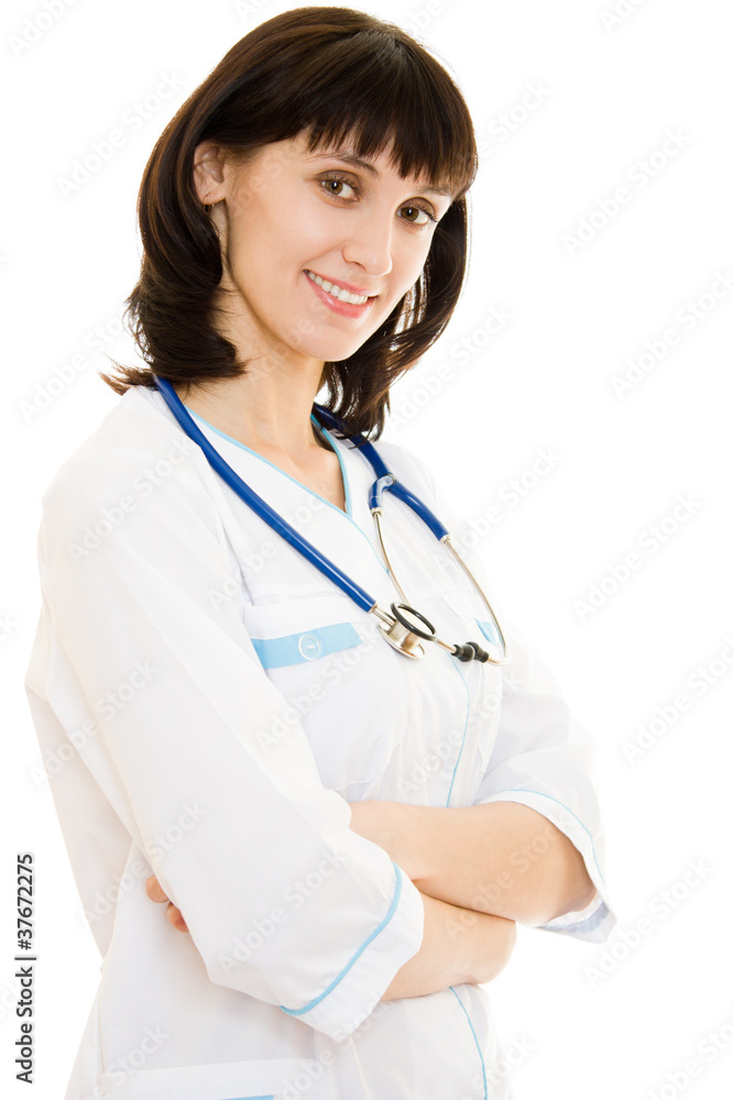 Successful woman doctor with stethoscope on white background. Successful woman doctor with stethoscope on white background.
