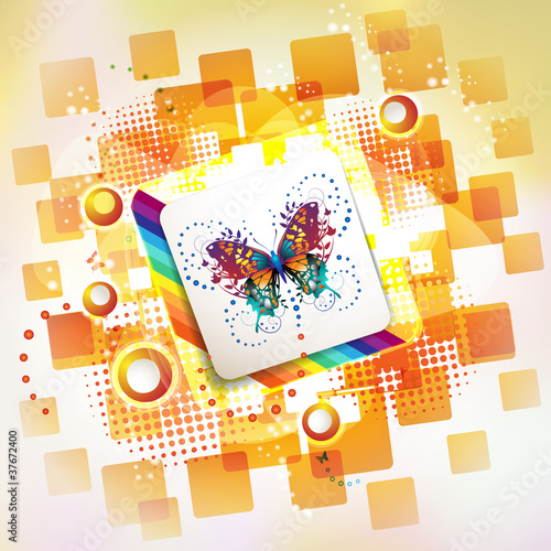 Square background with circles and butterflies