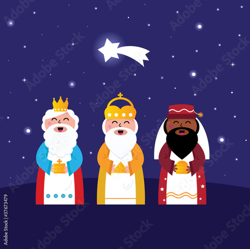 Three wise men bringing gifts to Christ ( night scene )
