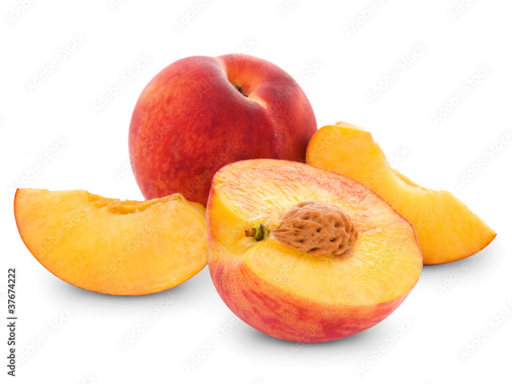fresh peach fruits and half. Isolated on white background fresh peach fruits and half. Isolated on white background