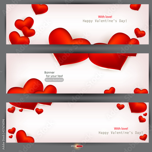 Set of three banners with red hearts. Valentine's Day. Vector ba