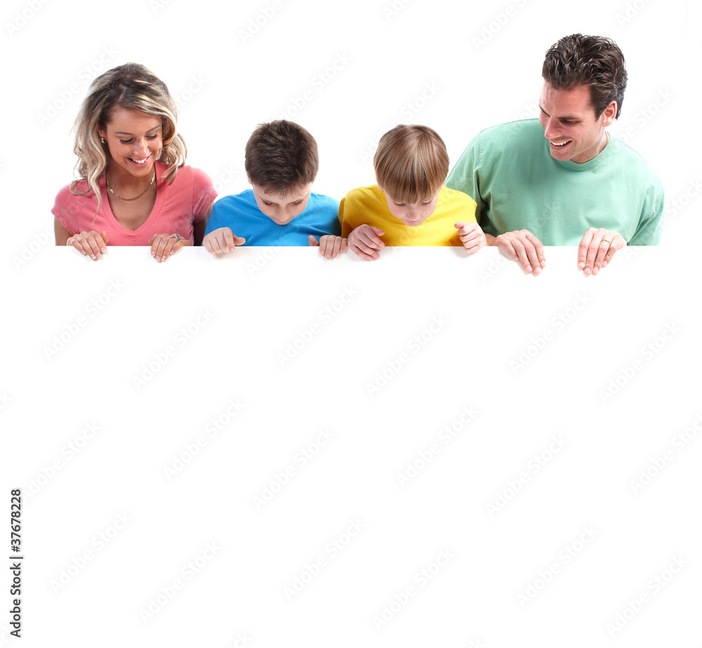 Happy family with banner. Happy family with banner.
