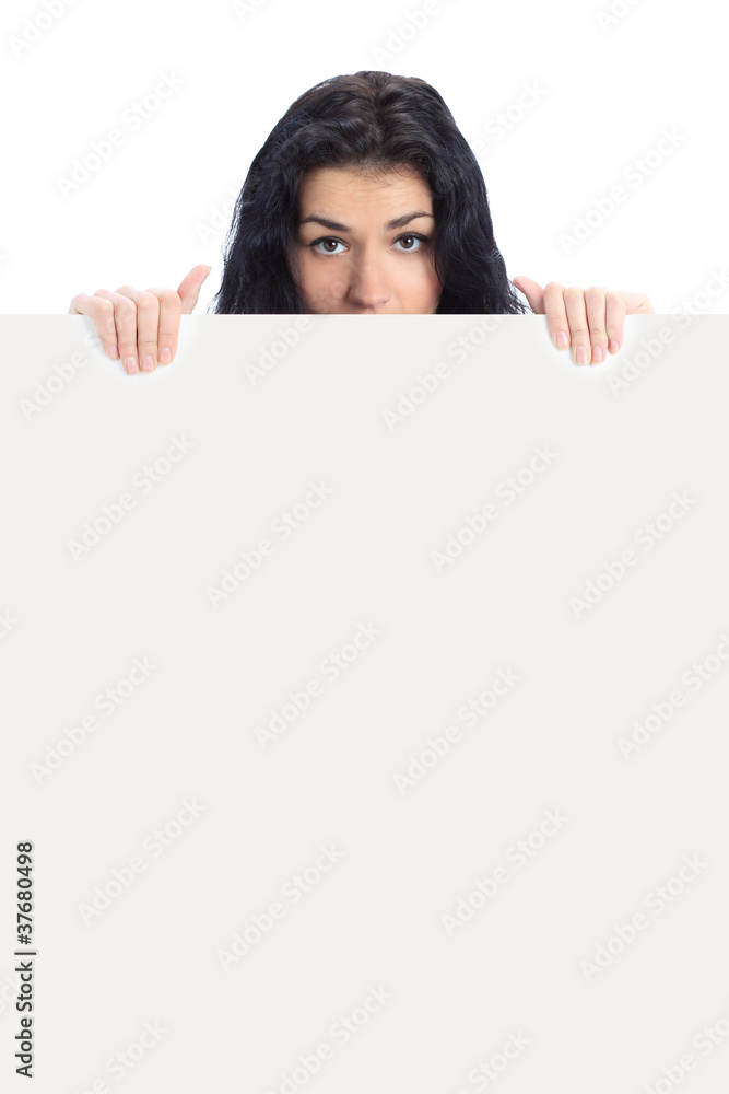 business woman displaying with surprise a banner business woman displaying with surprise a banner