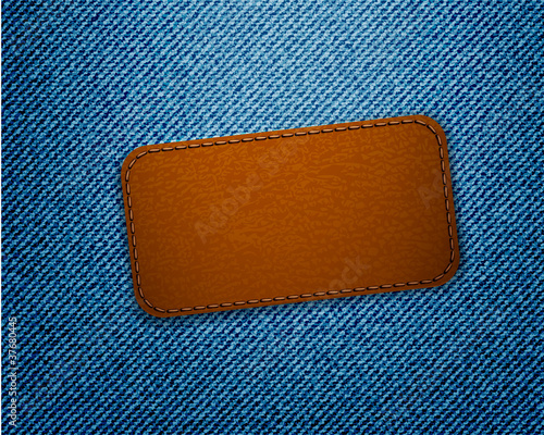 Leather label on jeans background. Vector.