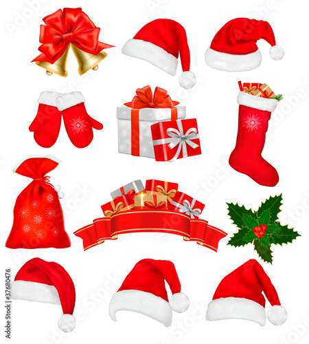 Big set of red santa hats and clothing. Vector
