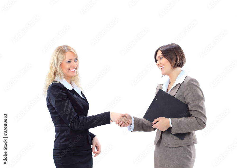 Happy business woman shaking hands greeting