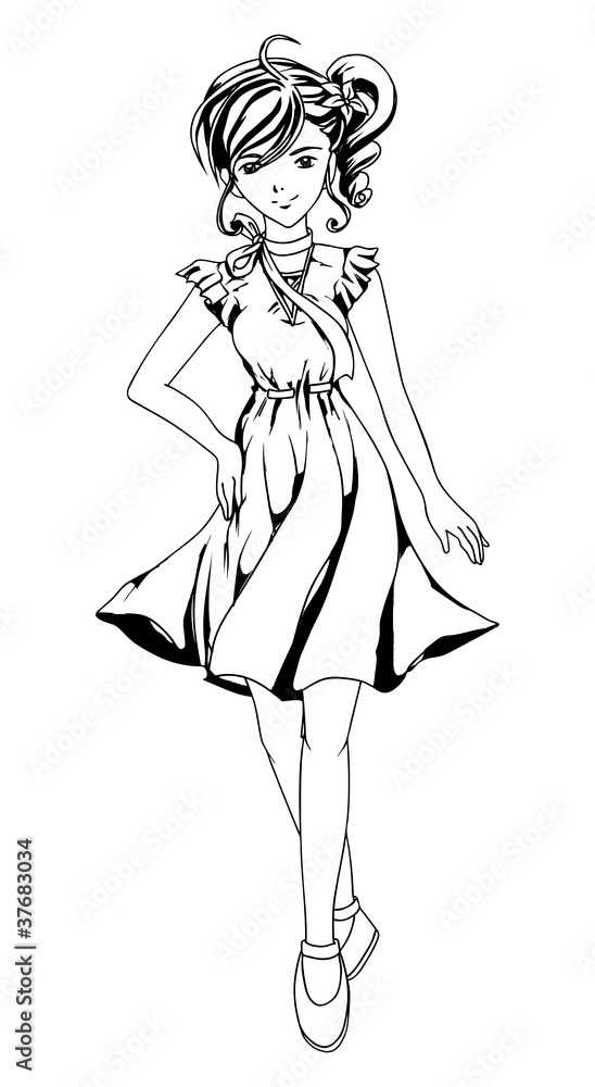 Outlined illustration of a girl in anime style Outlined illustration of a girl in anime style