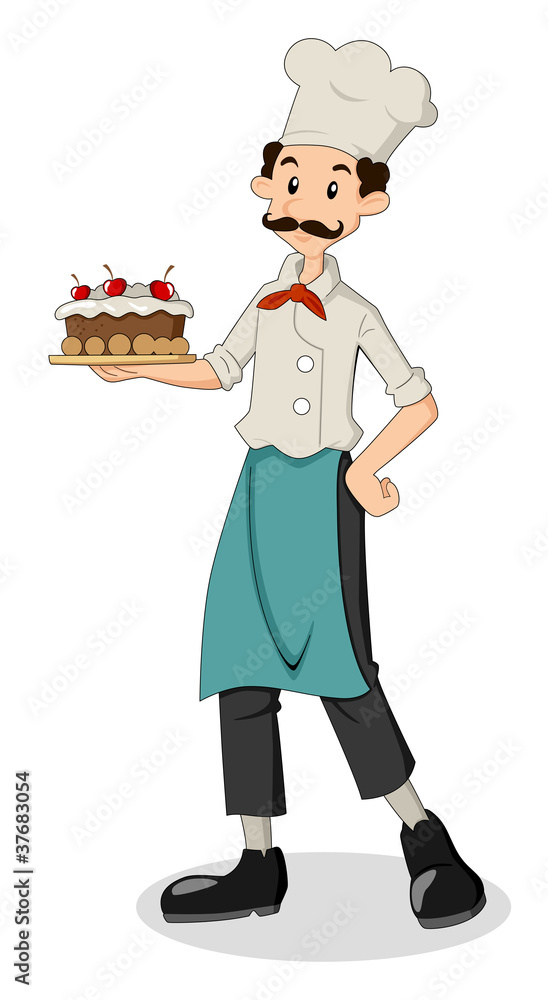 Cartoon illustration of a chef holding a cake Cartoon illustration of a chef holding a cake