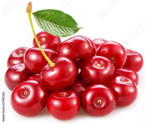 Perfect sweet cherries with the leaf