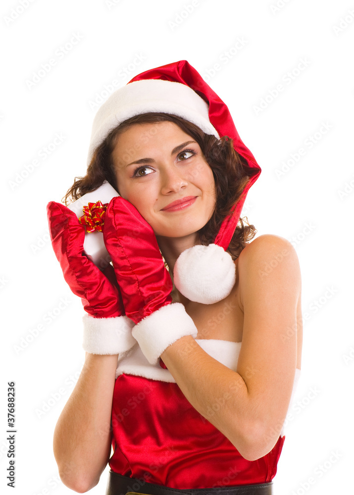 woman in Santa Claus clothes with gift woman in Santa Claus clothes with gift