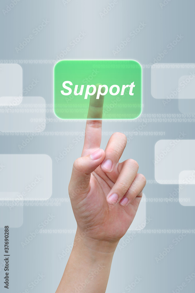 hand pushing support button on a touch screen interface hand pushing support button on a touch screen interface