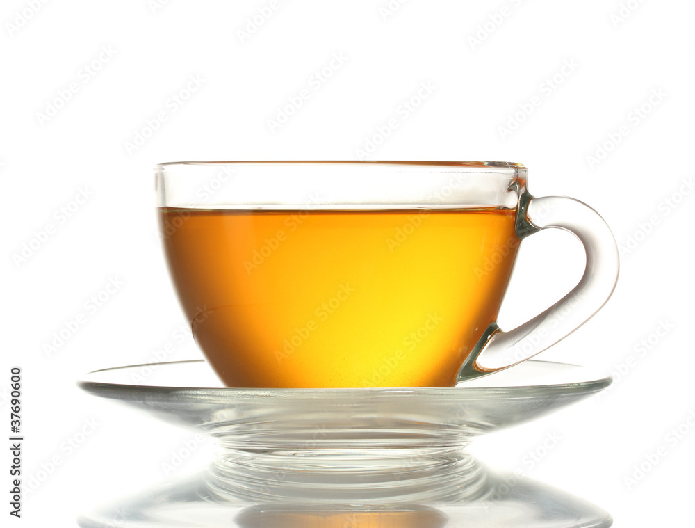 Beautiful transparent cup of tea isolated on white Beautiful transparent cup of tea isolated on white