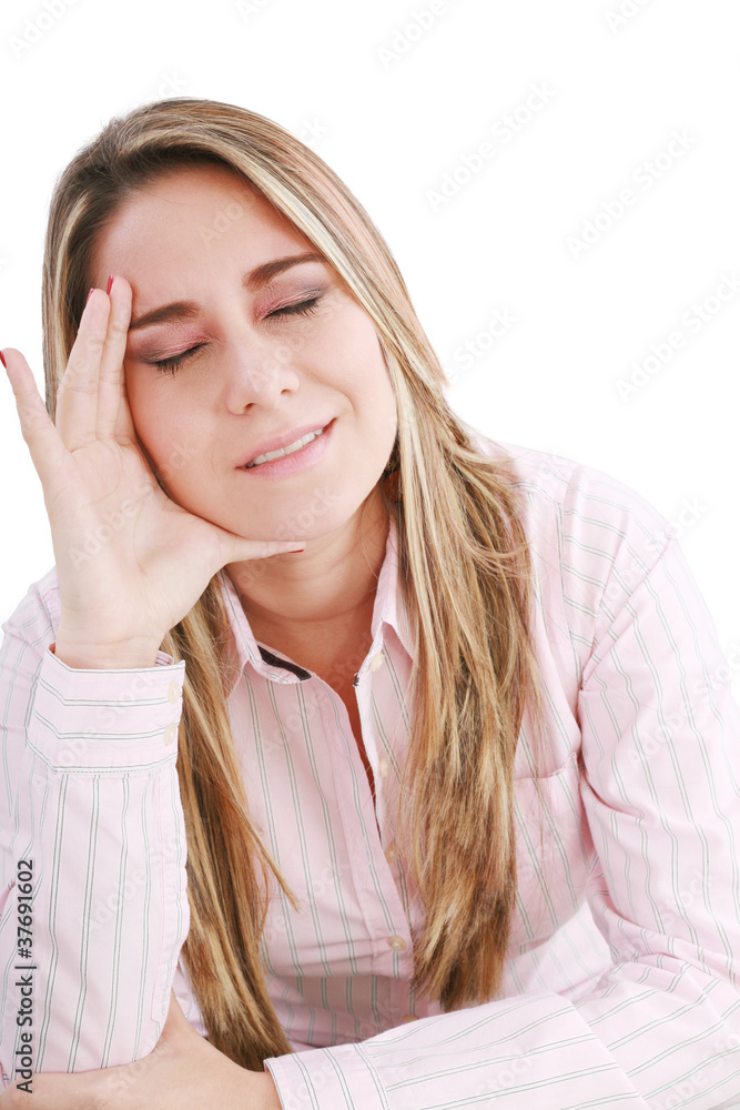 Woman having a headache, isolated on white Woman having a headache, isolated on white