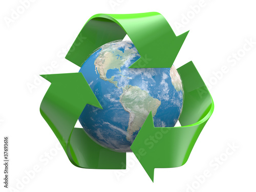 Recycle logo with earth inside isolated white