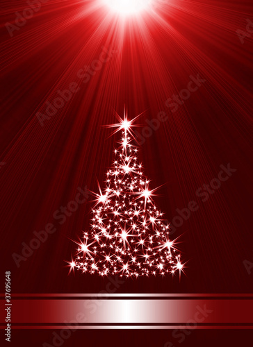 Christmas tree made of stars against red background