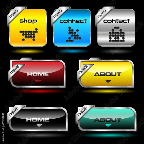 Editable website vector buttons wth glossy and metallic effects