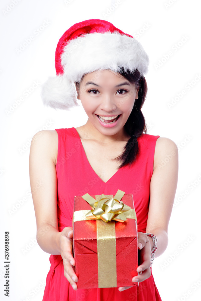 Beautiful Christmas Girl happy holding gift Beautiful Christmas Girl happy holding gift