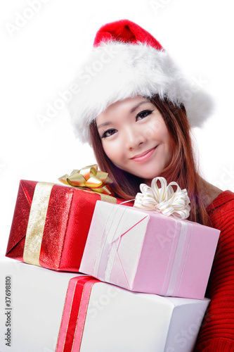 Christmas happy girl smile holding huge christmas gift