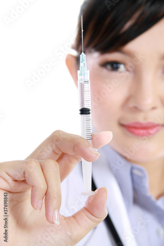 woman doctor hold an injection.