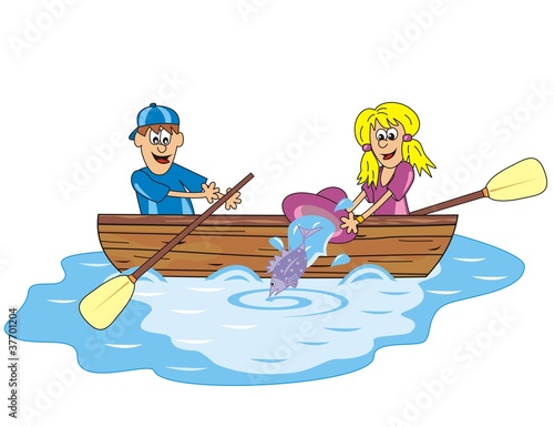 ship young man and woman at boat, funny vector illustration