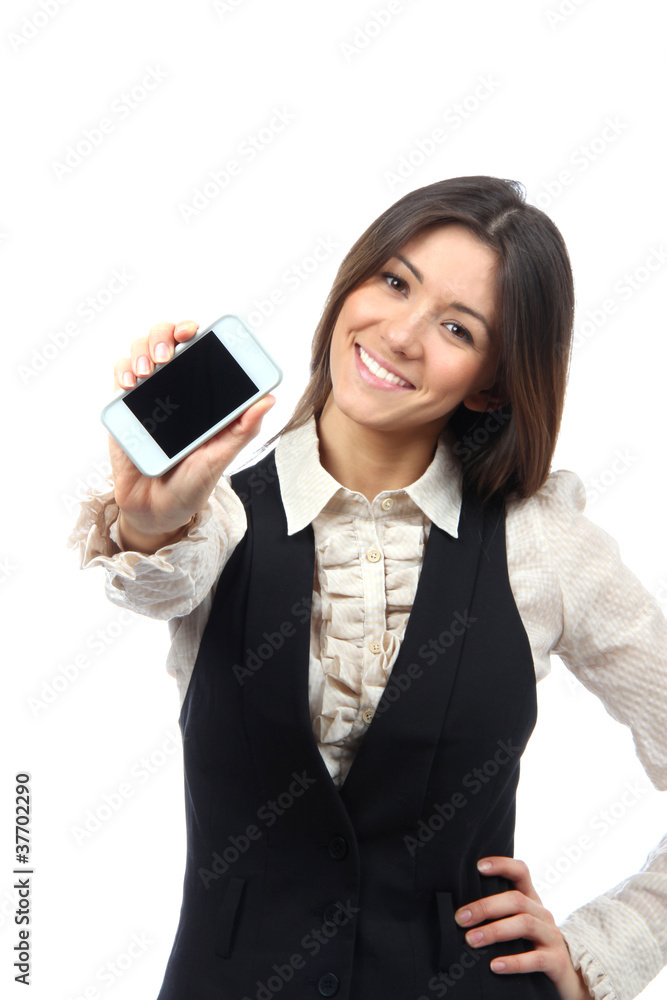 Woman Showing display of new touch mobile cell phone