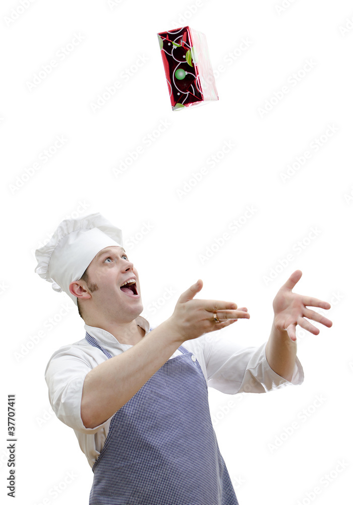 chief cook tossing a gift, isolated on white chief cook tossing a gift, isolated on white