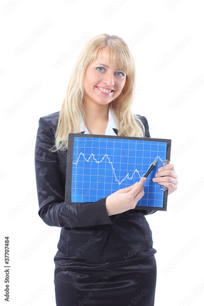 Business woman showing the upward trend of a graphic chart. Business woman showing the upward trend of a graphic chart.