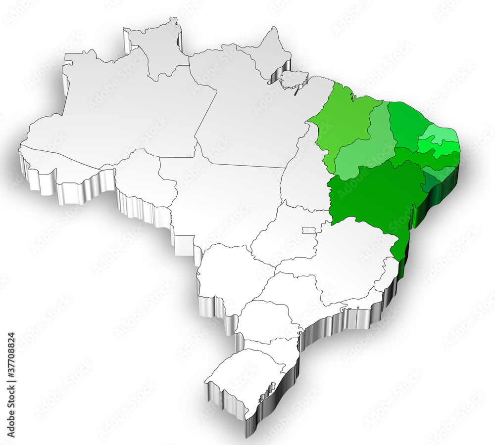 Three dimensional map of Brazil with north region