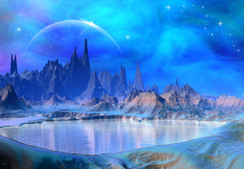 Fotobehang Draken Betoverend fantasieland met waterval  © diversepixel